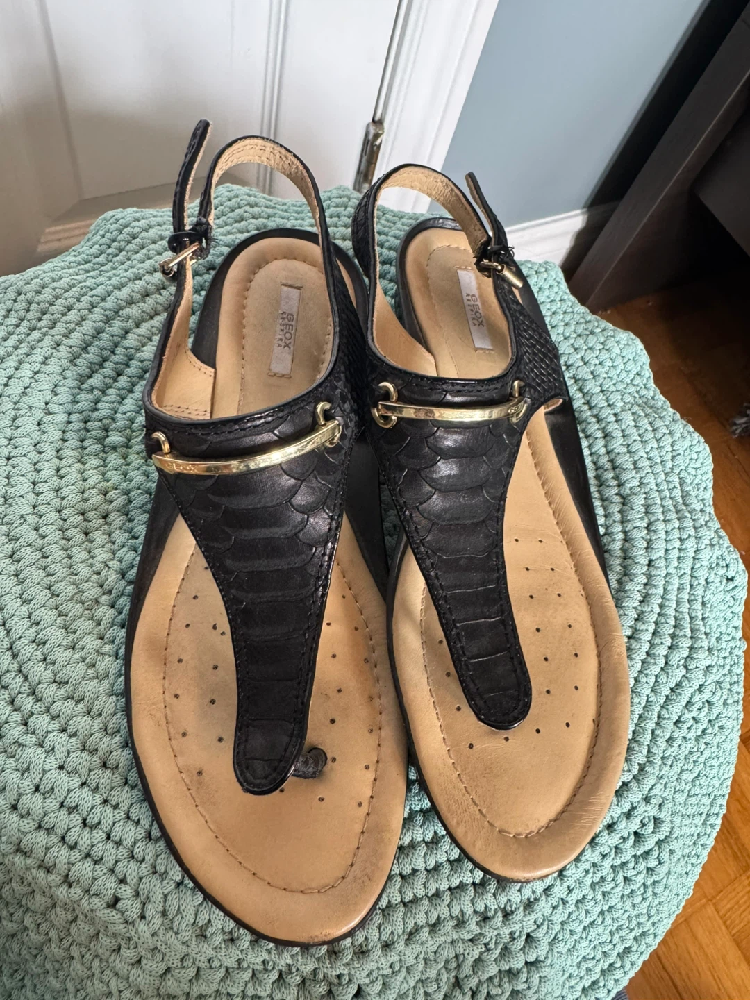 Geox Black T-Strap Sandals