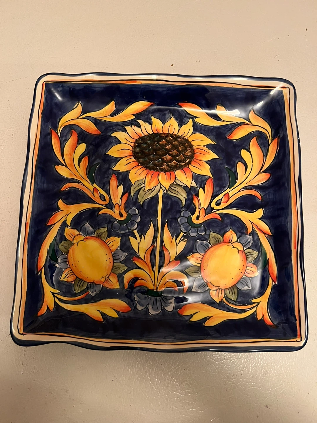 Hand-Painted Ceramic Dish with Sunflower and Fruit Design