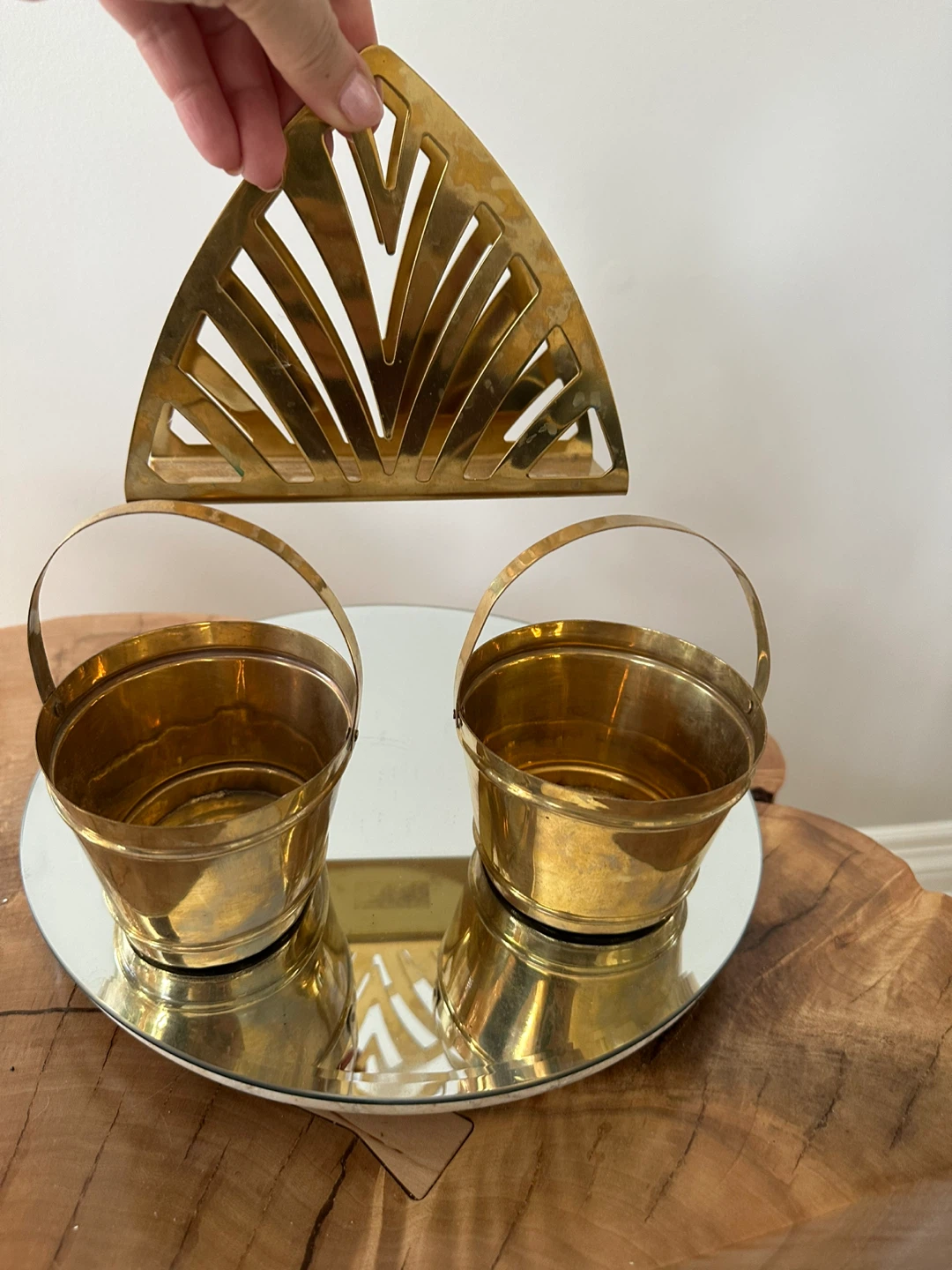 Brass Napkin Holder and Pair of Mini Buckets