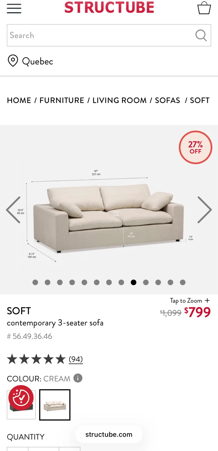 Structube Soft Contemporary 3-Seater Sofa - Cream - photo 2