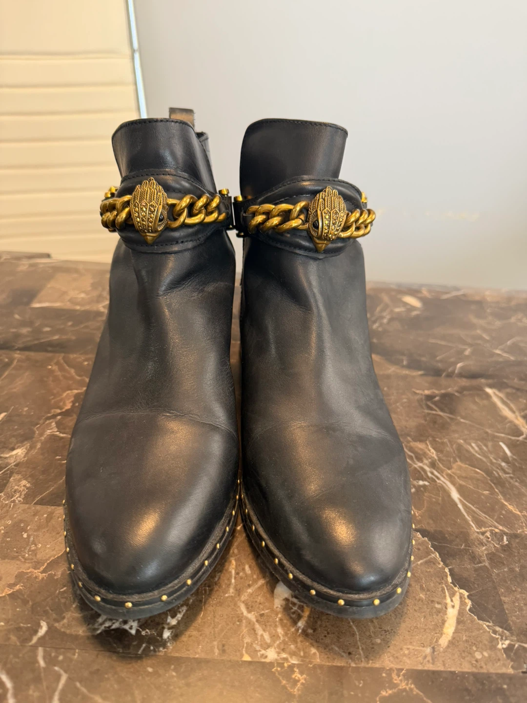 Kurt Geiger Black Leather Ankle Boots with Gold Chain Detail