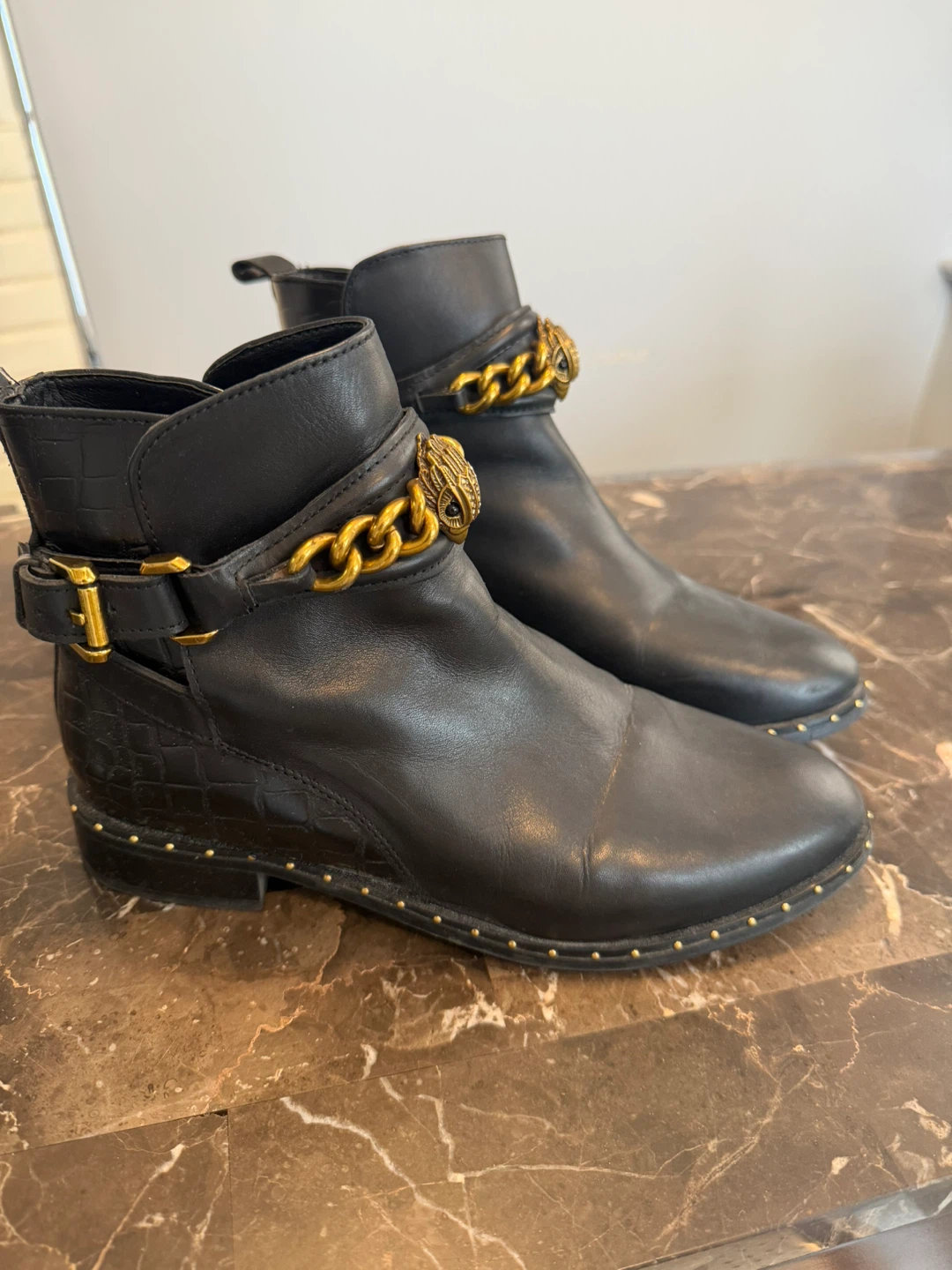 Kurt Geiger Black Leather Ankle Boots with Gold Chain Detail - photo 2