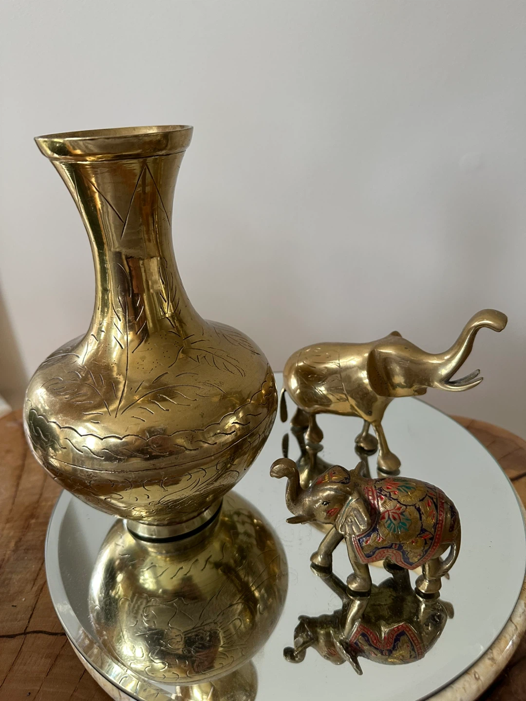 Brass Vase  and 2 Elephants