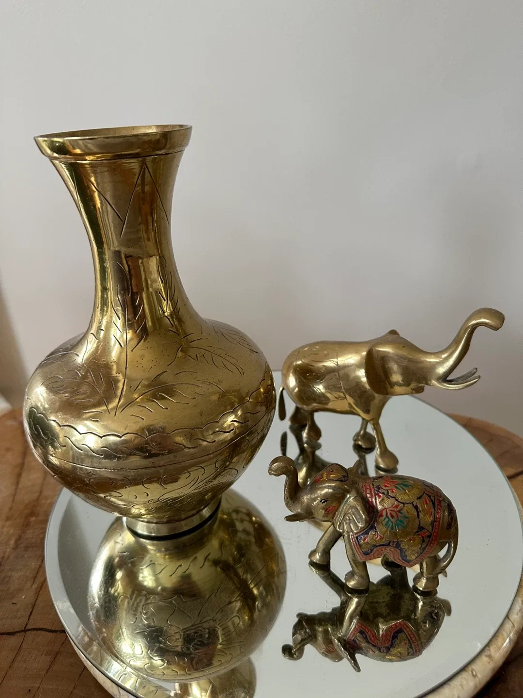 Brass Vase  and 2 Elephants