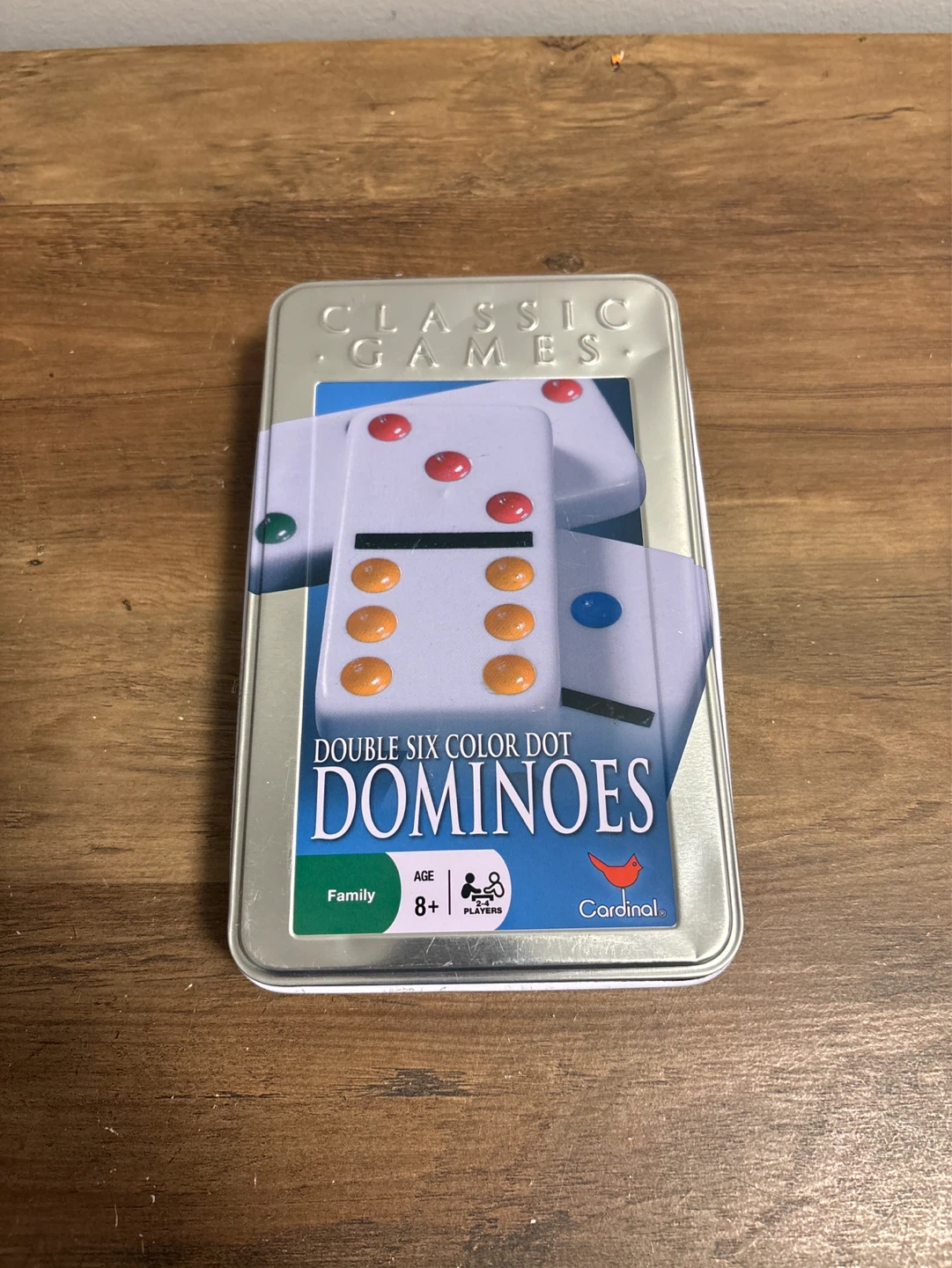 Cardinal Double Six Color Dot Dominoes in Tin