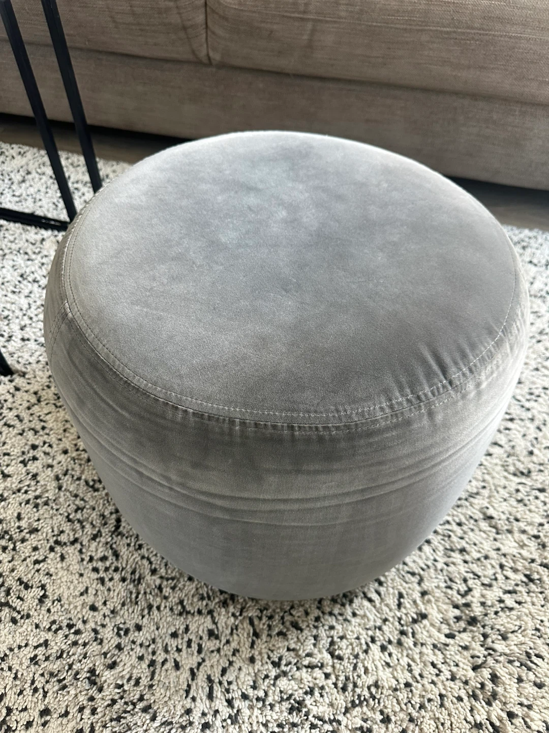 Grey Velour Round Ottoman Footstool