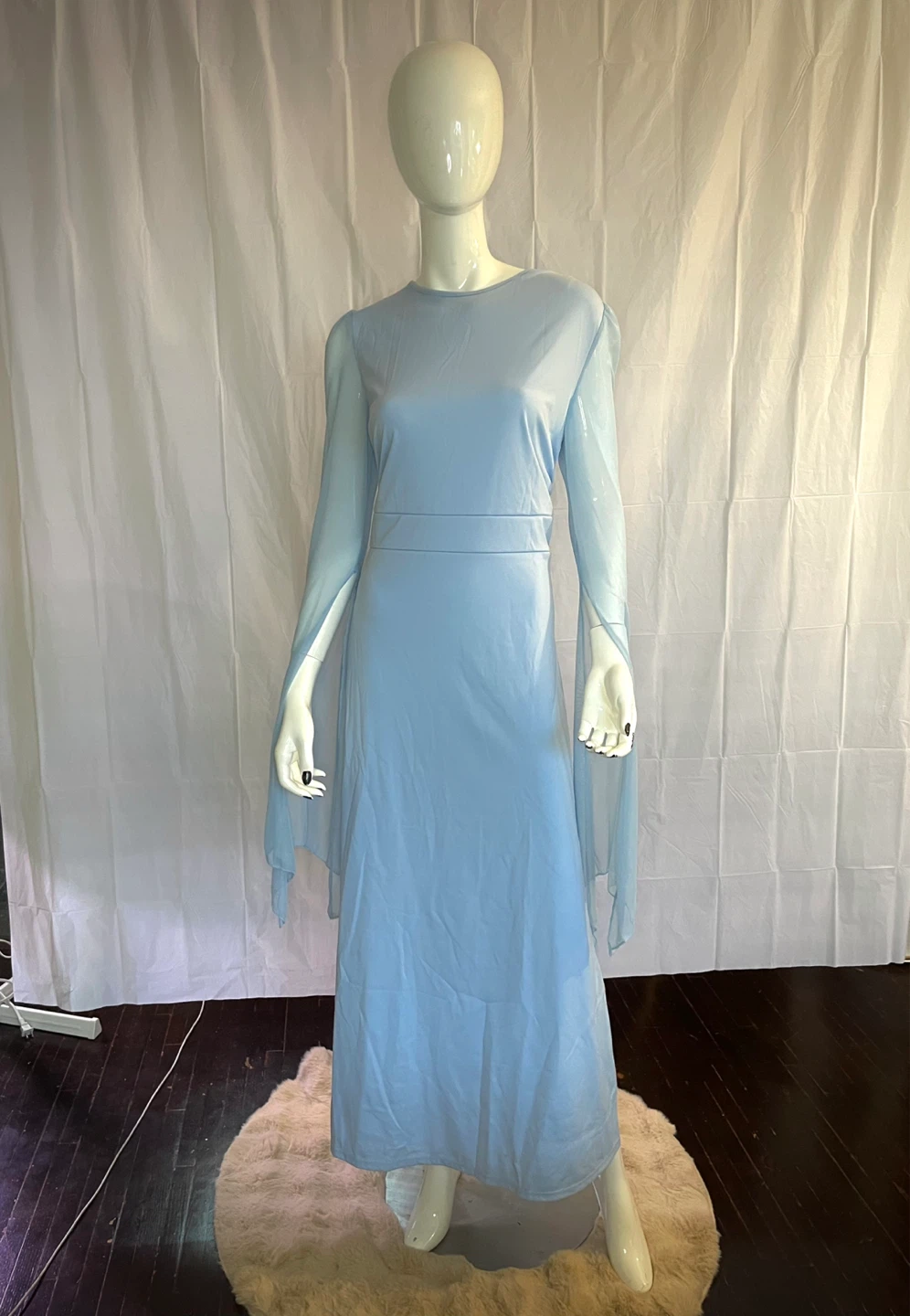 Light Blue Flowy Maxi Dress with Split Mesh Sleeves