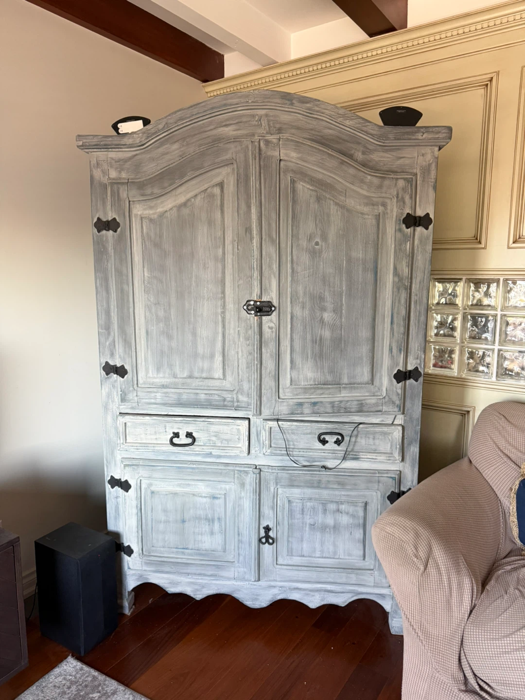 Distressed Grey Armoire with Doors and Drawers