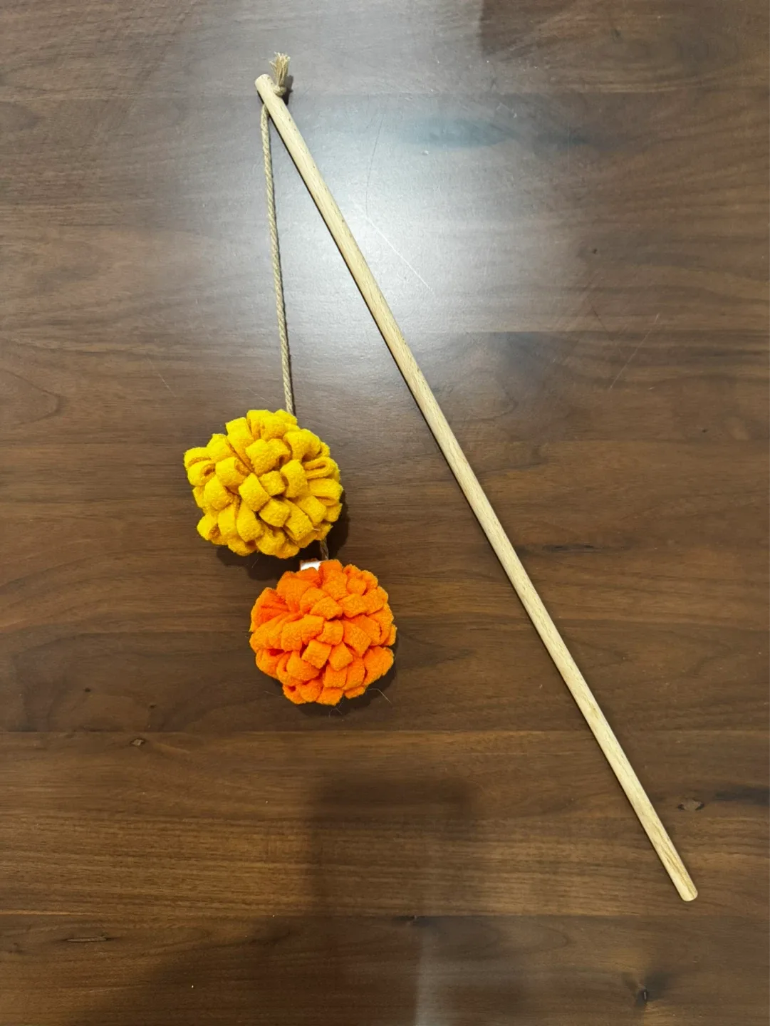 Cat Wand Toy with Orange and Yellow Pom Poms