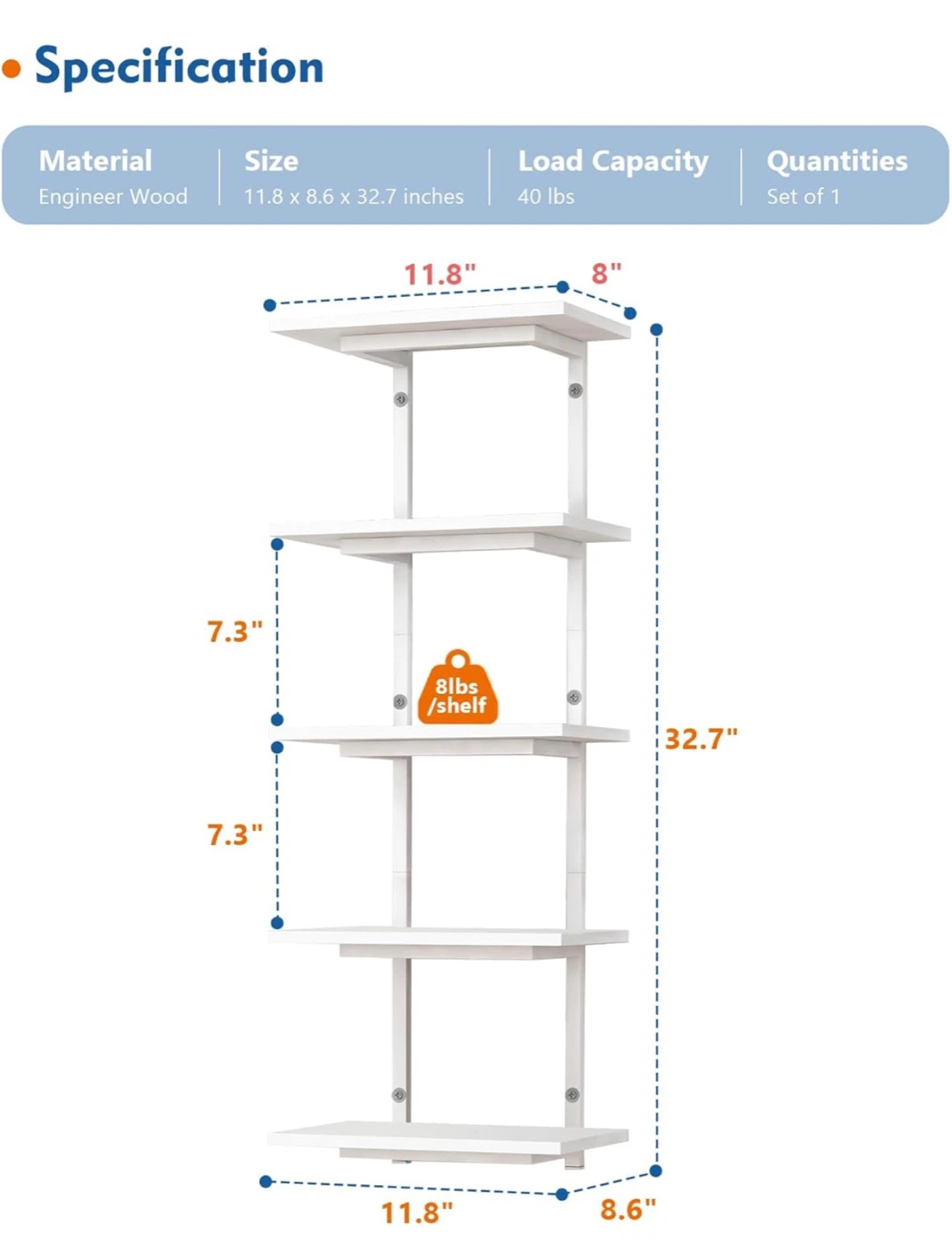 White 5 Tier Wall Shelf Unit W5T - photo 2