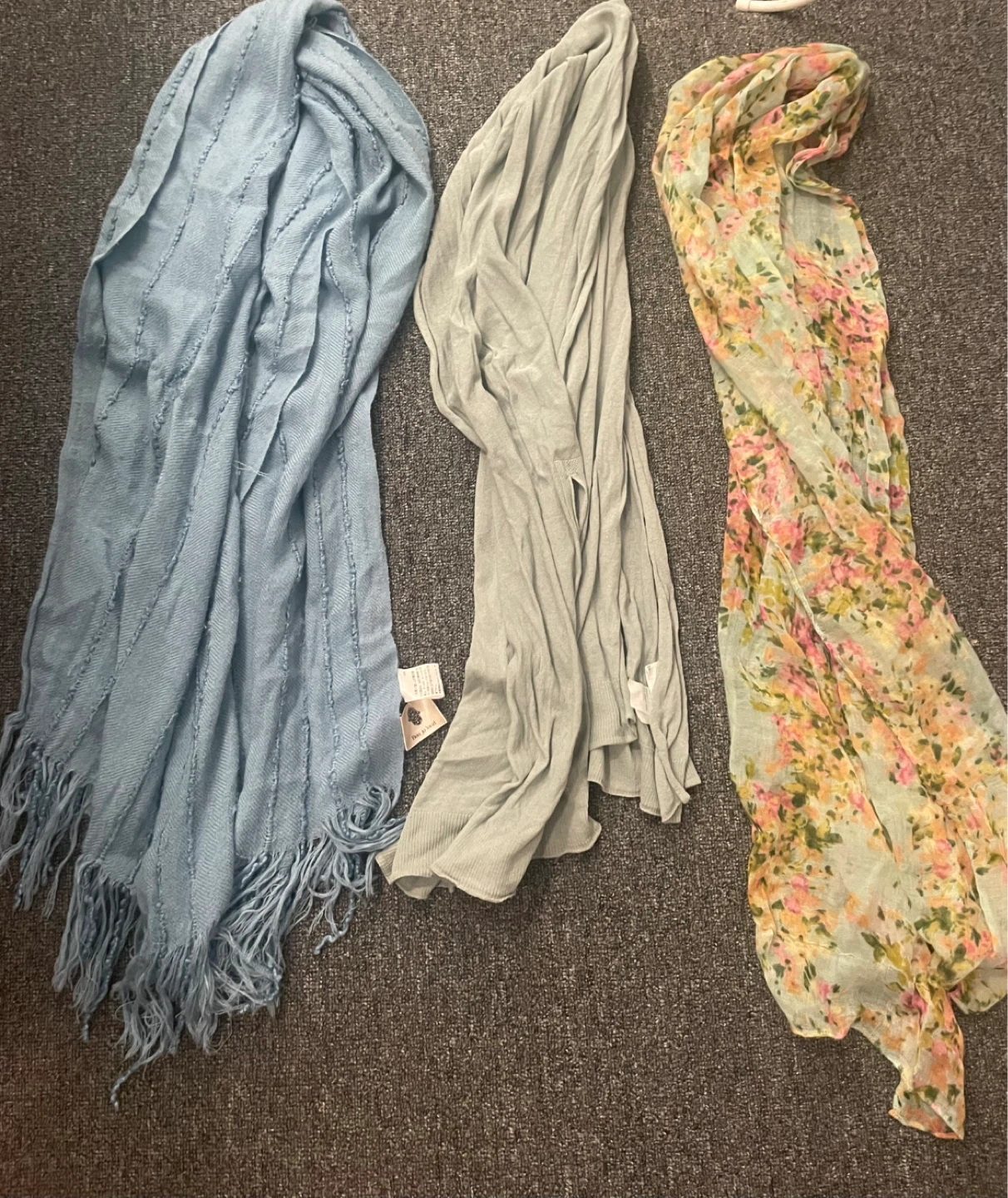 Three Scarves: Blue, green, and Floral