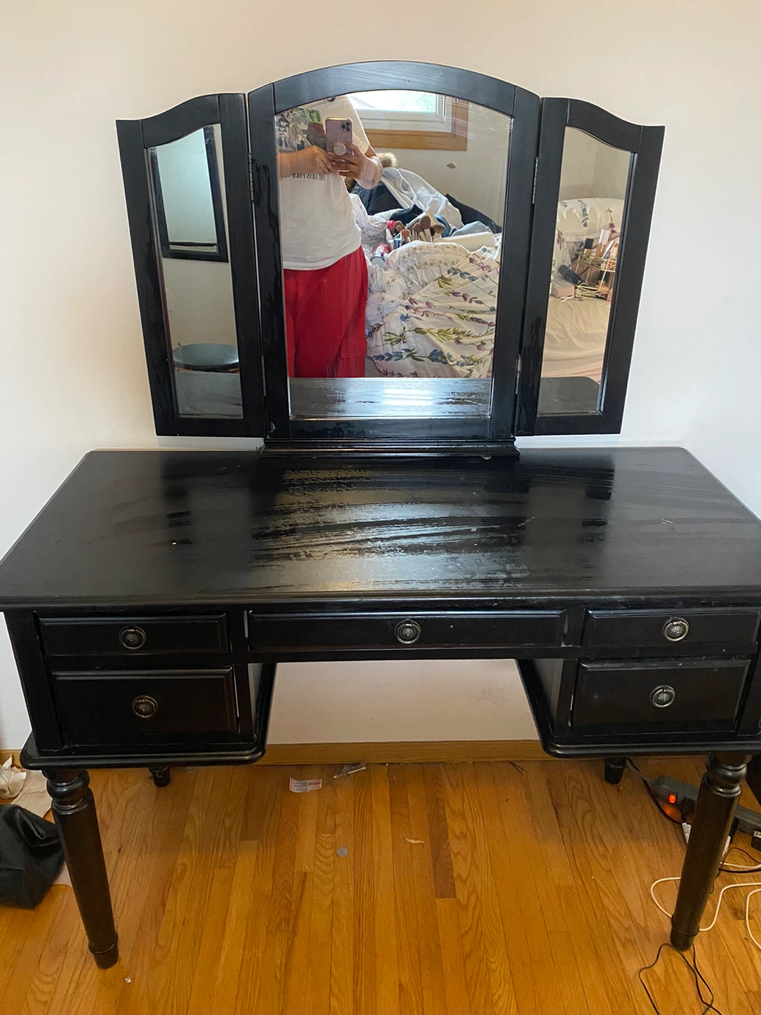 Black Vanity Table with Tri-Fold Mirror