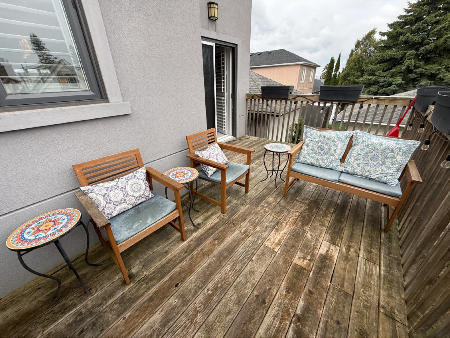 Outdoor Wood Bench/Chairs w/ Cushions and Accent Tables