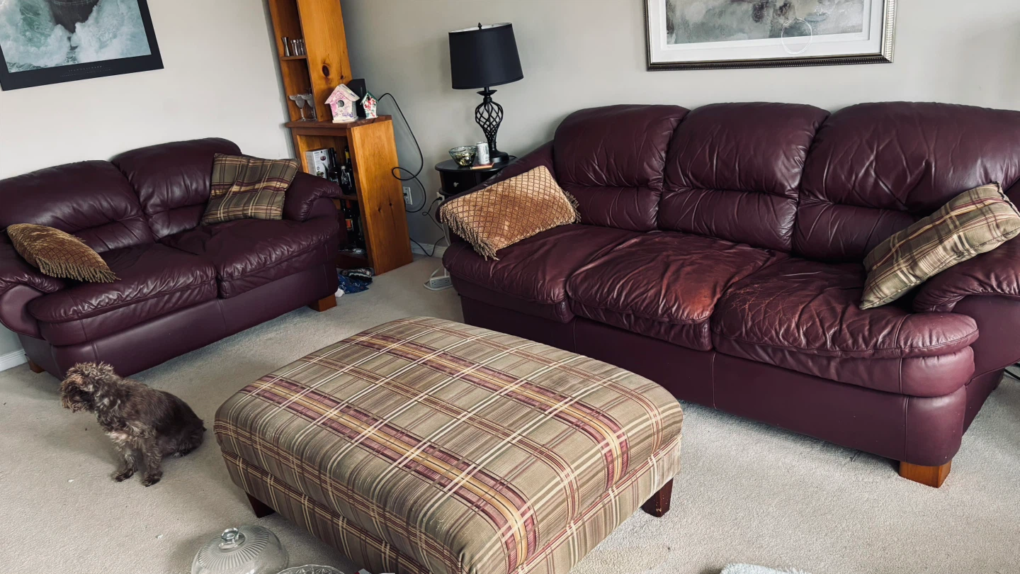 Maroon Leather Sofa Set with Ottoman