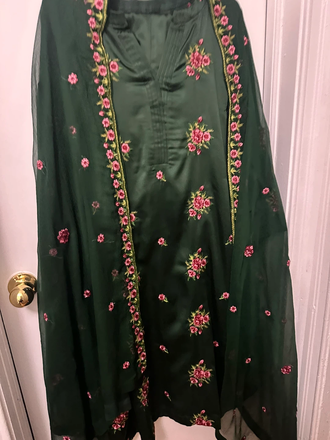 Embroidered Green Silk Kameez Suit