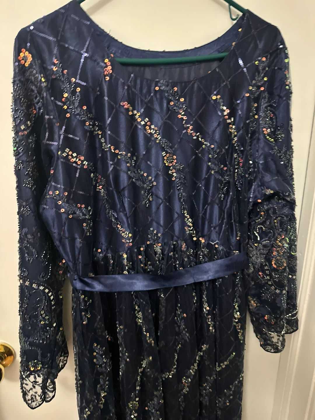 Navy Blue Beaded Long Sleeve Dress