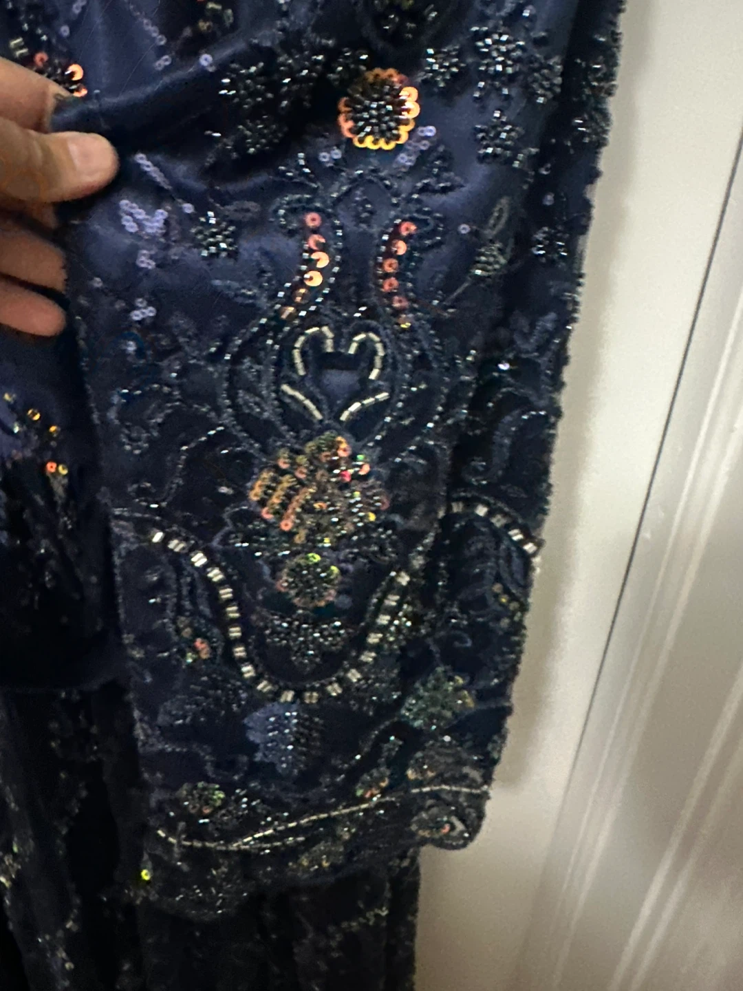 Navy Blue Beaded Long Sleeve Dress - photo 5