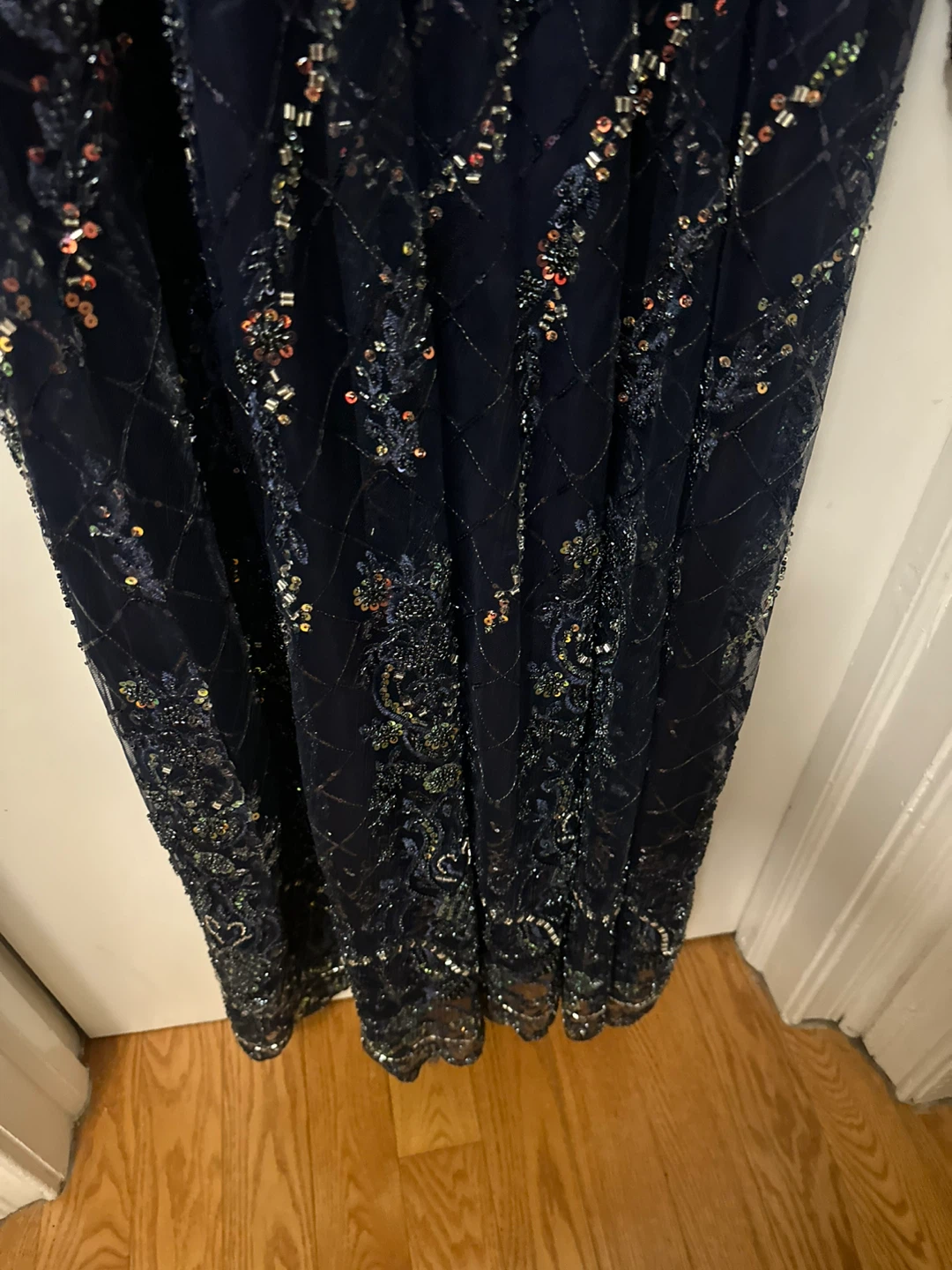Navy Blue Beaded Long Sleeve Dress - photo 4