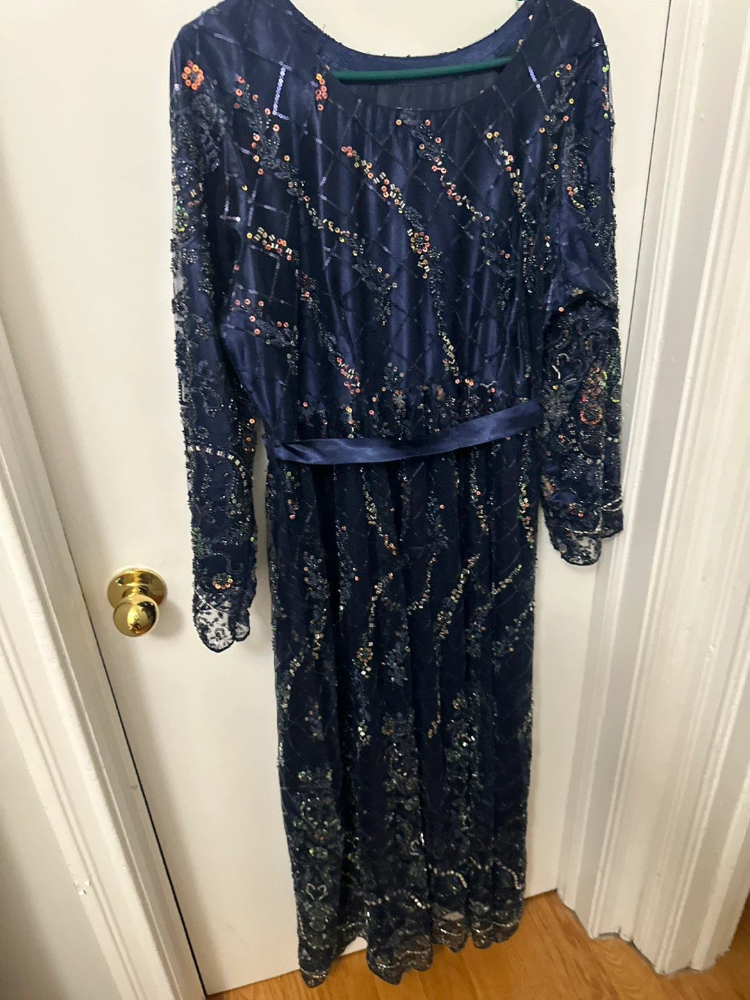 Navy Blue Beaded Long Sleeve Dress - photo 3