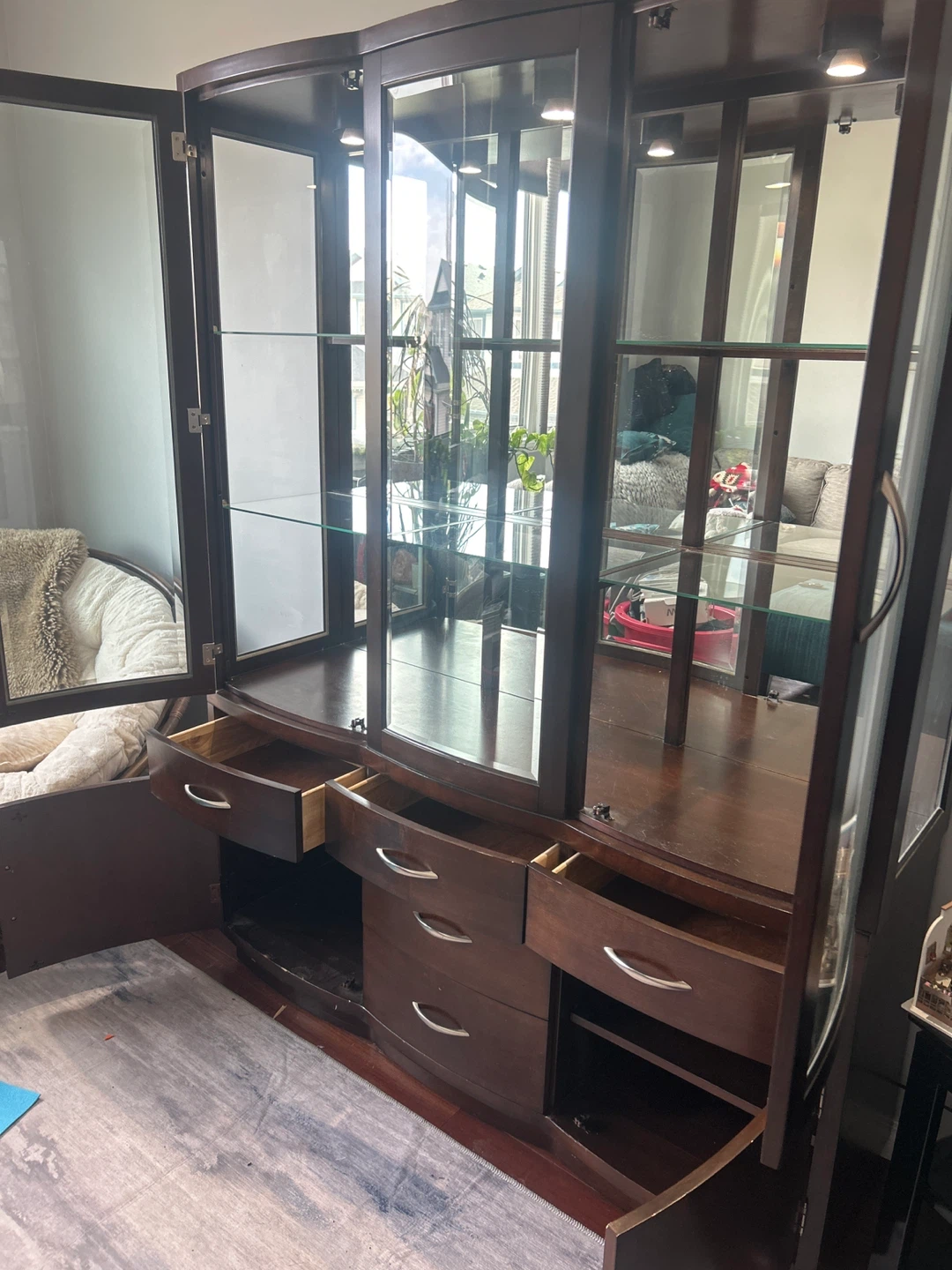 Dark Wood Curio Cabinet with Glass Doors and Drawers - photo 3