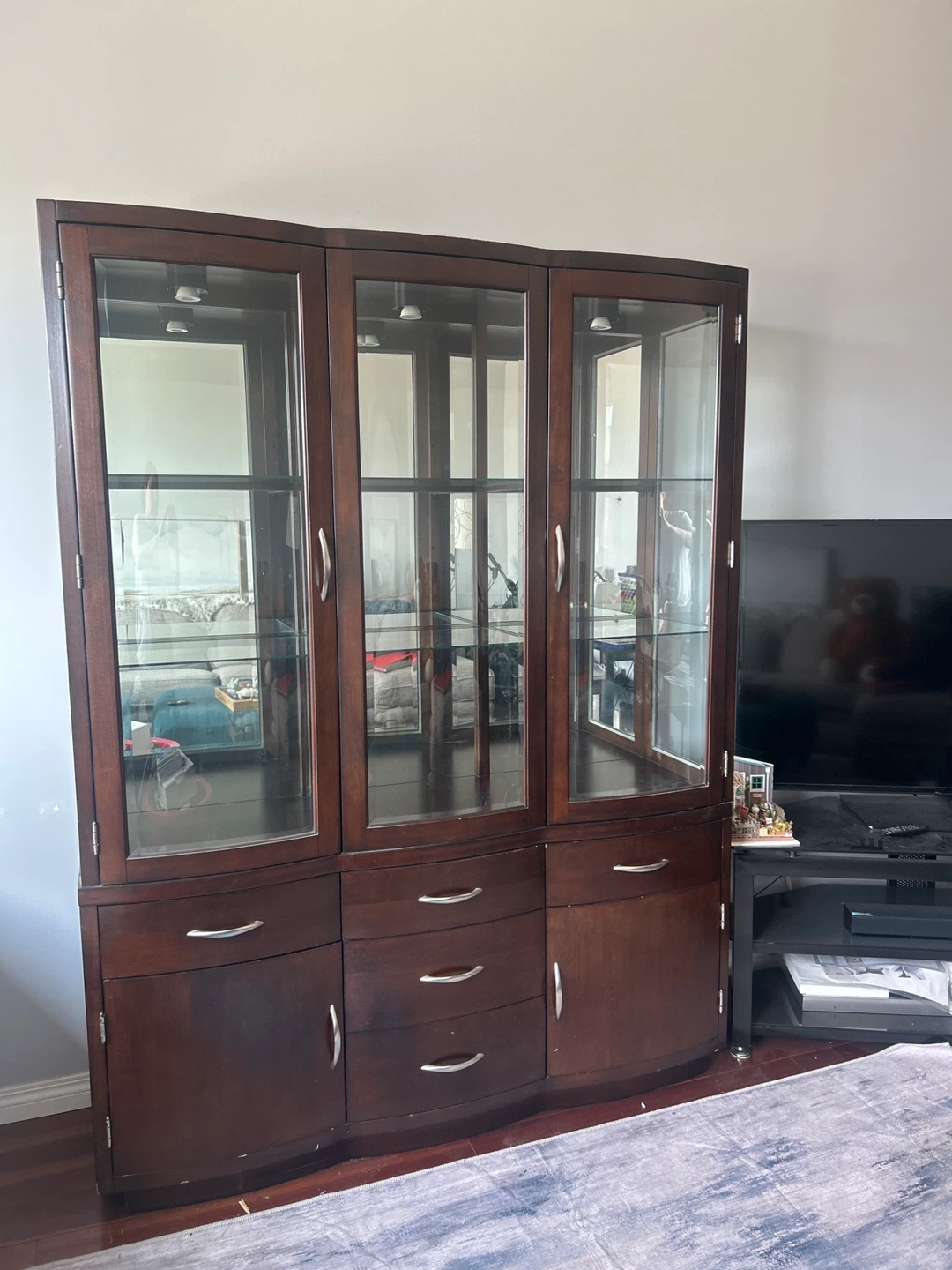 Dark Wood Curio Cabinet with Glass Doors and Drawers