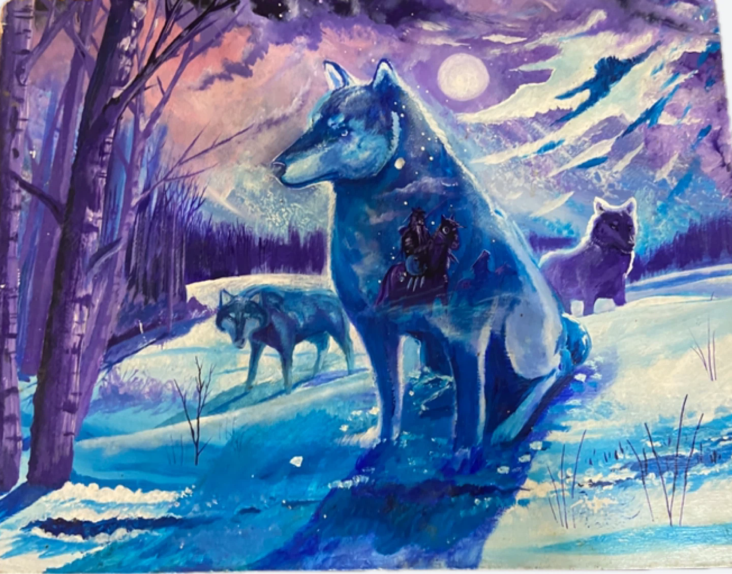 Original Acrylic Painting of Wolves in a Snowy Forest