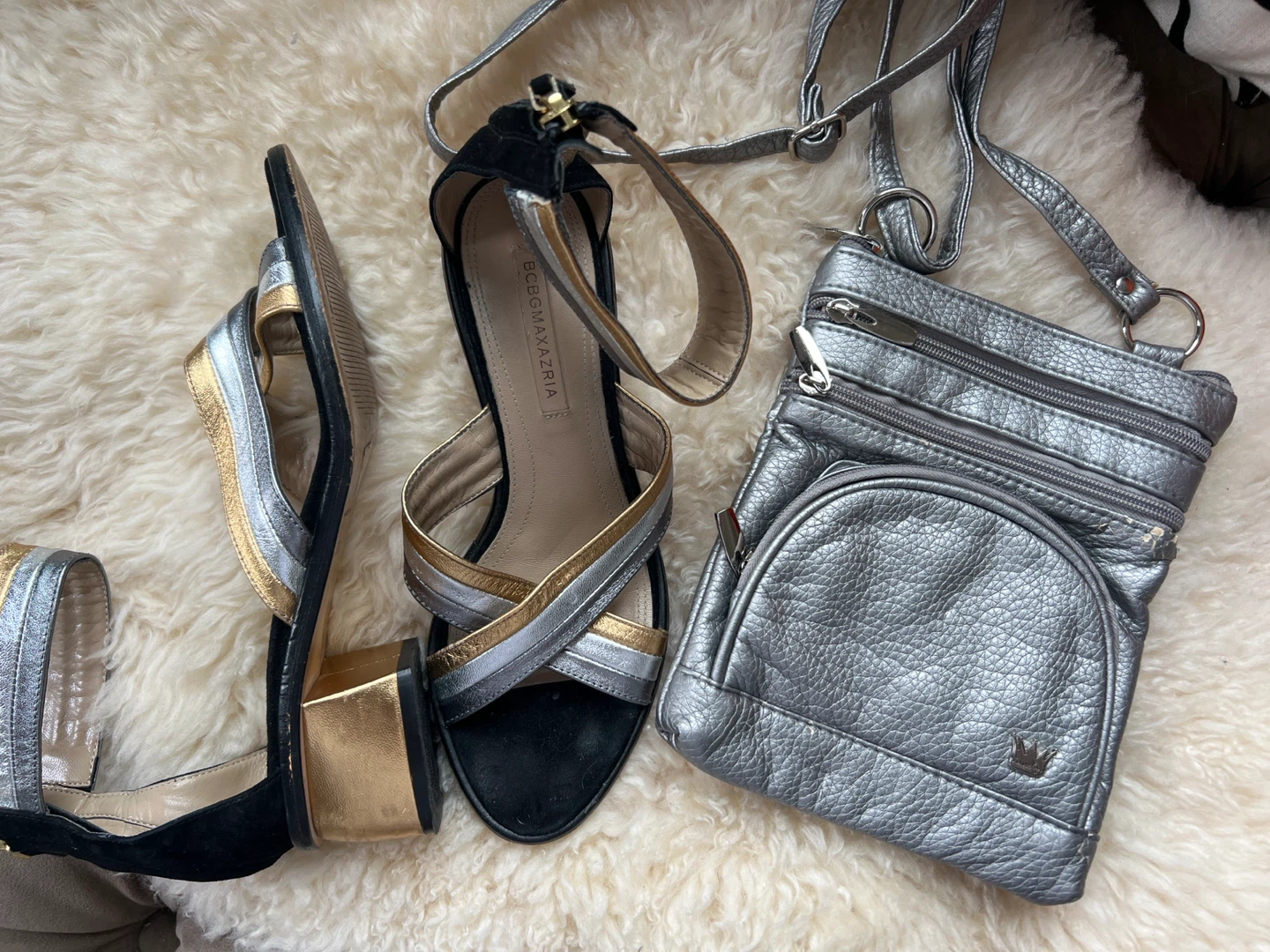 BCBG Max Azria Silver & Gold Strappy Block Heels