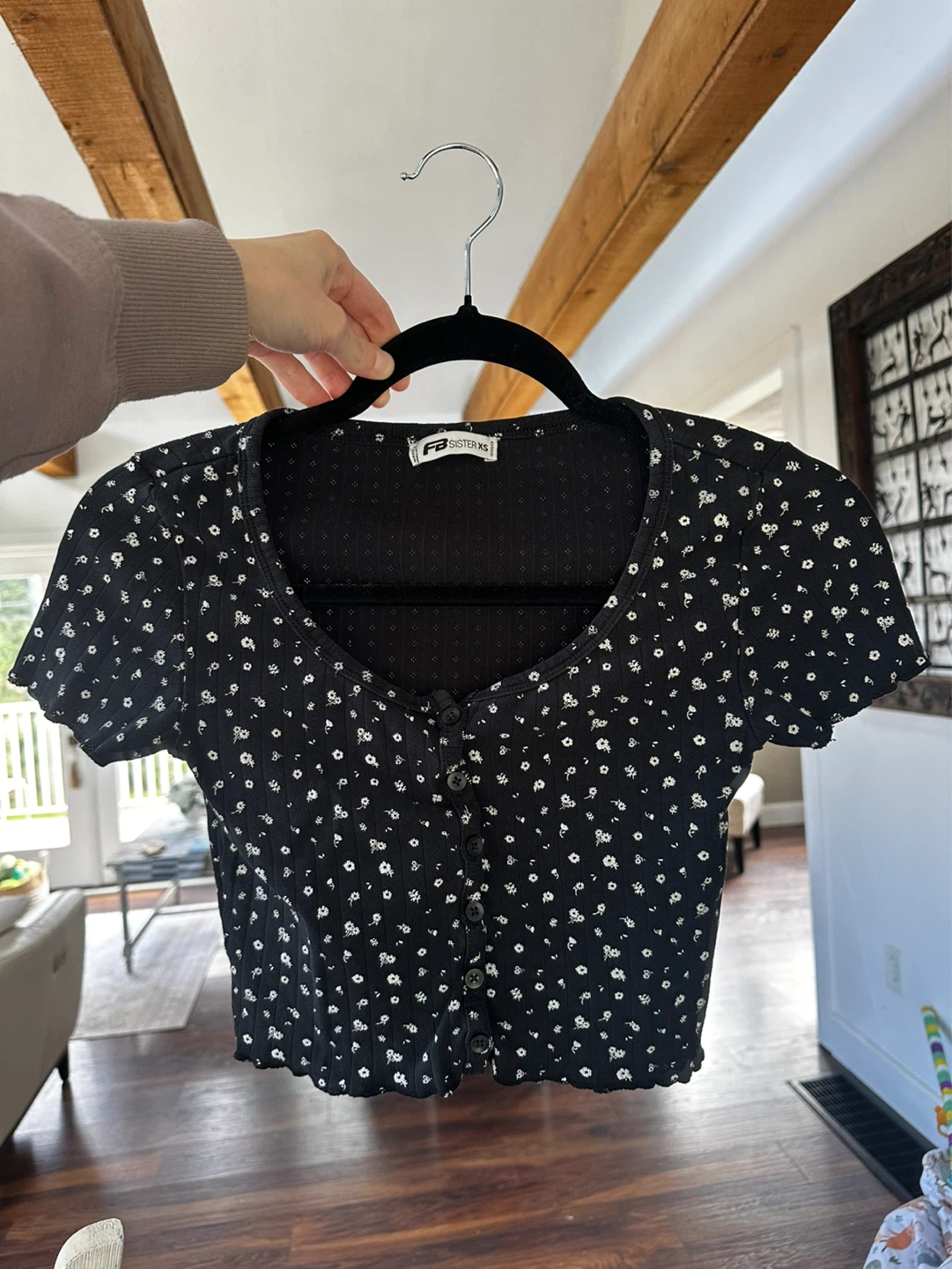 FB Sister Black Floral Button-Up Crop Top