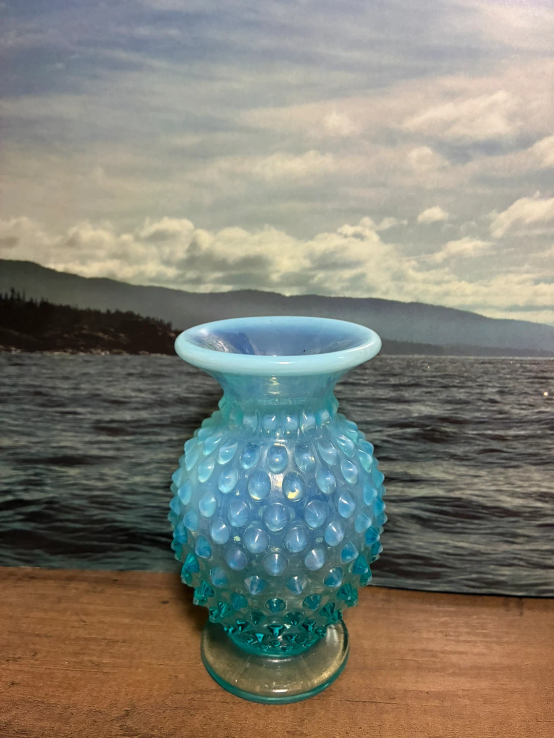 Vintage Fenton Blue Opalescent Hobnail Miniature Glass Vase