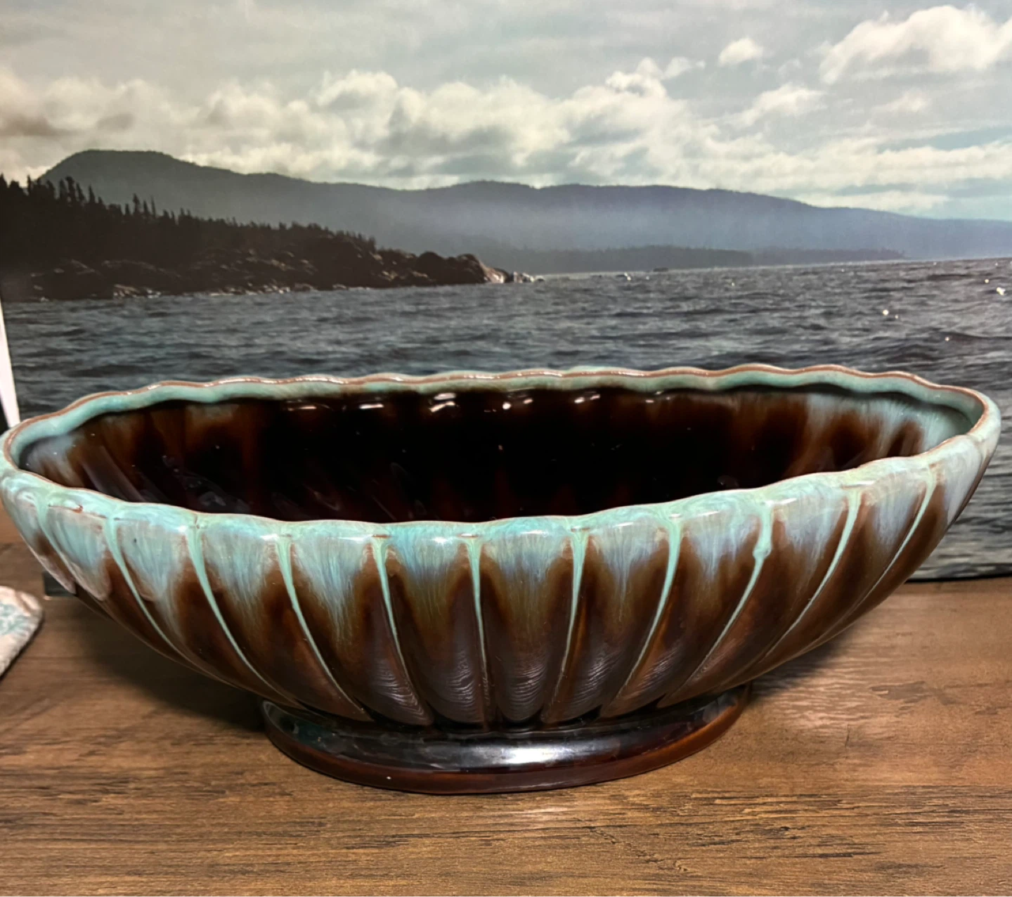 Vintage Brown and Teal Art Pottery Bowl with a Scalloped Rim - photo 2