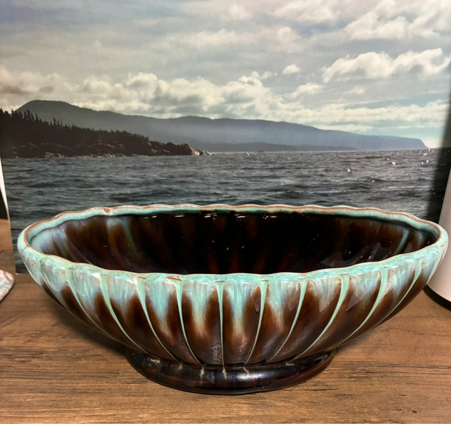 Vintage Brown and Teal Art Pottery Bowl with a Scalloped Rim
