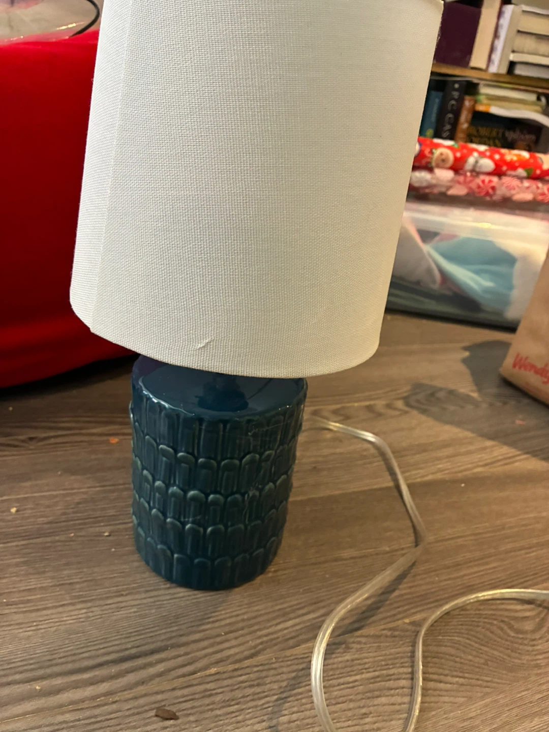 Teal Ceramic Table Lamp with White Shade