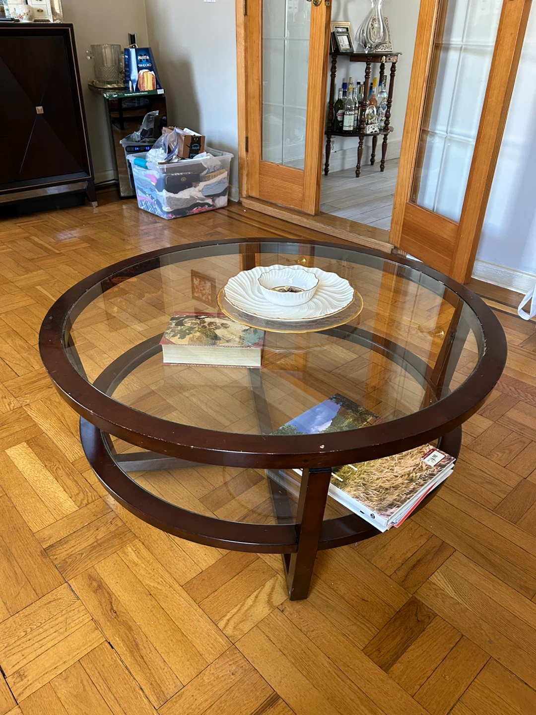 Round Glass Coffee Table with Wood Base