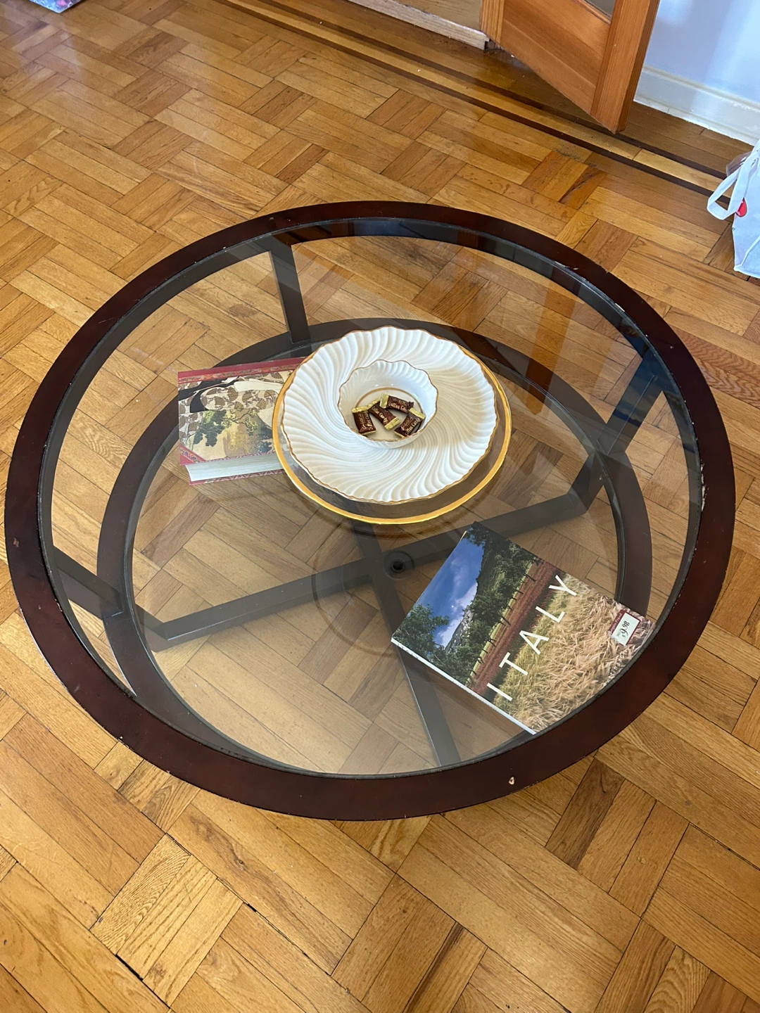 Round Glass Coffee Table with Wood Base - photo 3