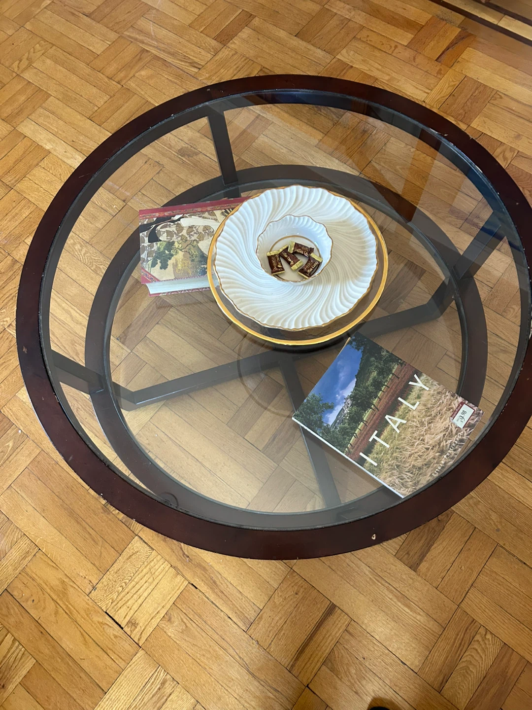 Round Glass Coffee Table with Wood Base - photo 2
