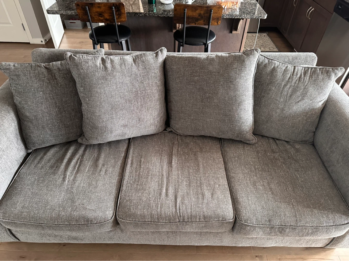 Grey Fabric Sofa with Throw Pillows