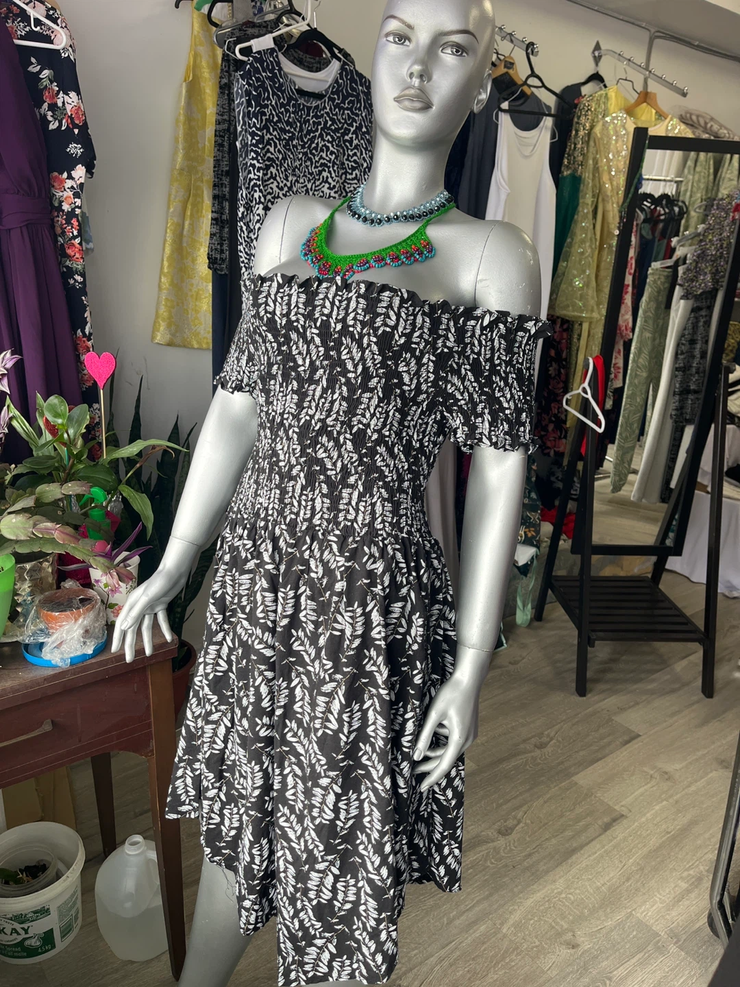 Black and White Leaf Print Off-the-Shoulder Smocked Dress