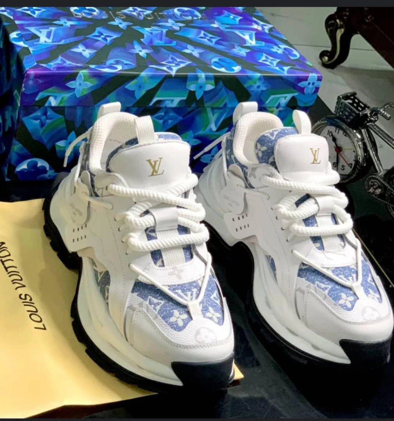 Louis Vuitton White & Blue Monogram Sneakers