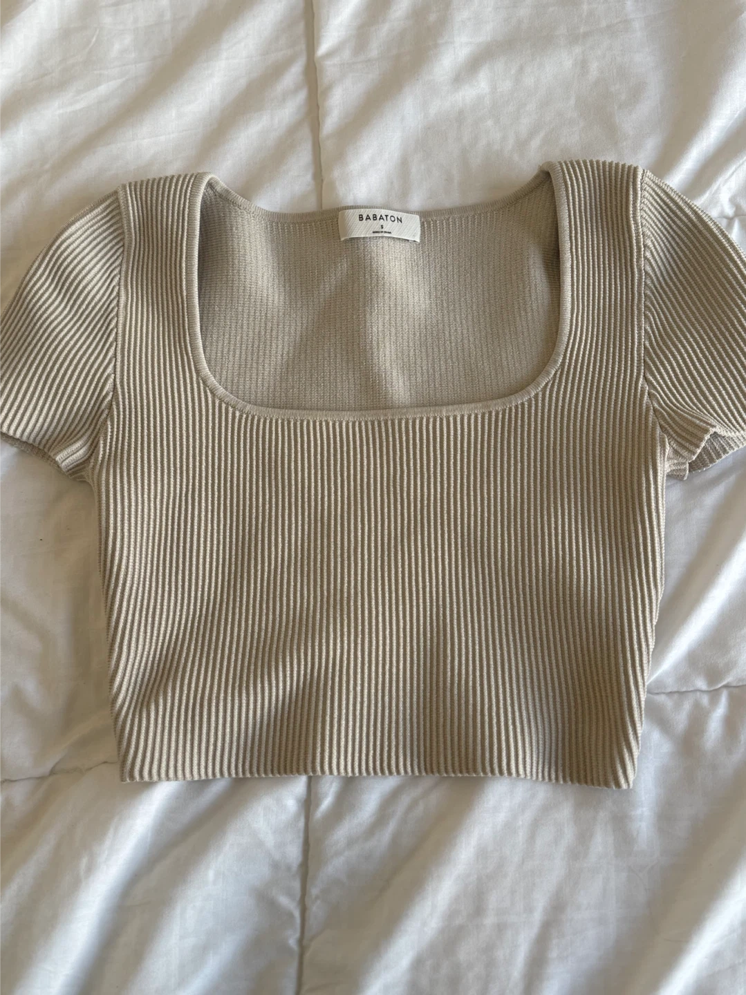 Babaton beige ribbed square neck crop top