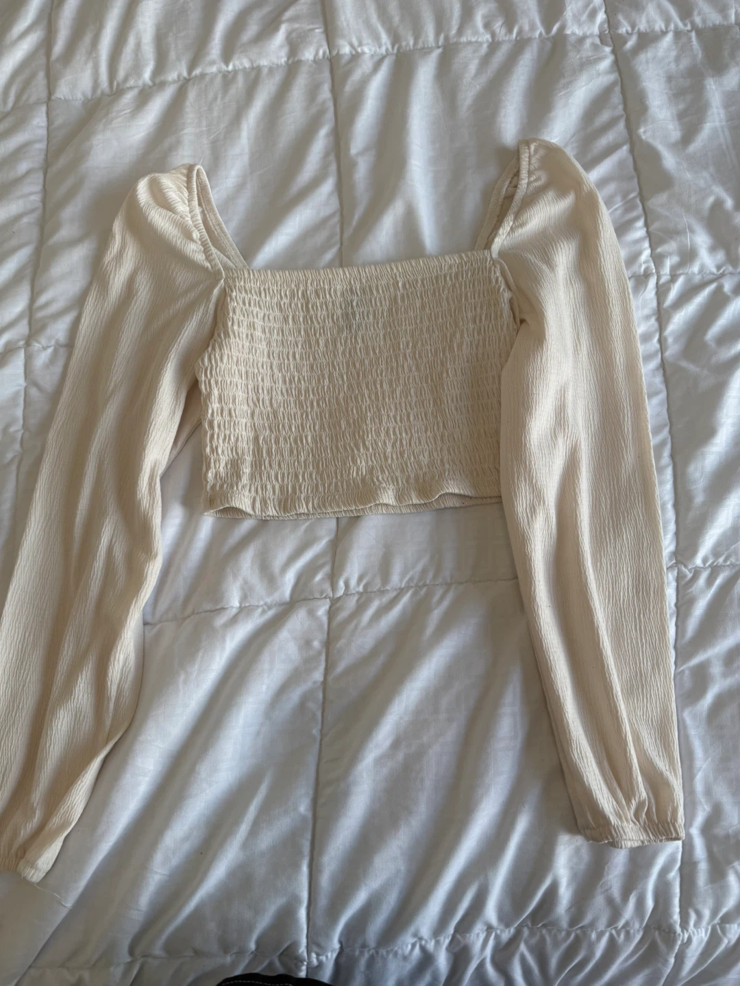 Cream Smocked Puff Sleeve Crop Top