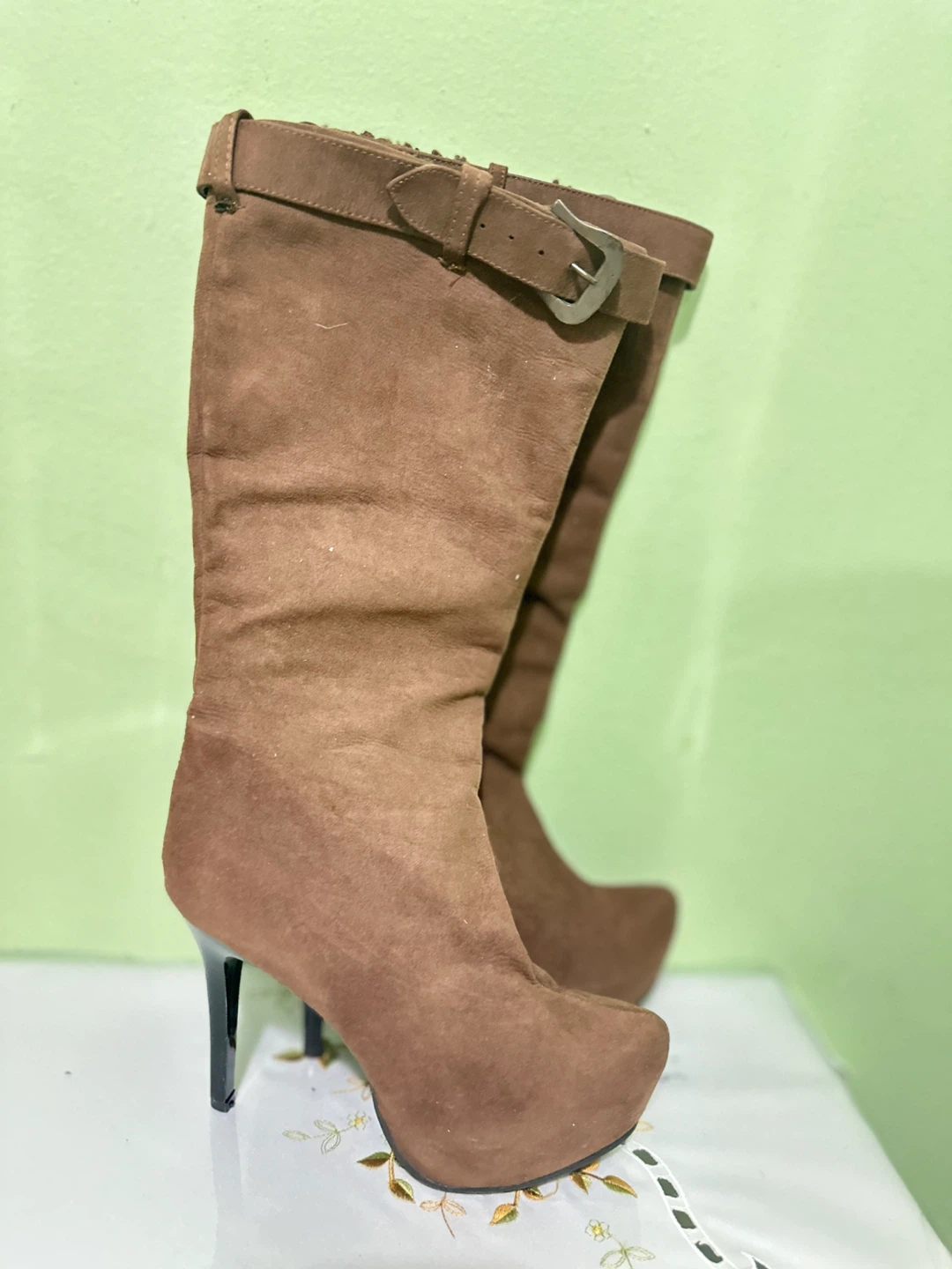 Brown Suede Knee-High Boots with Buckle Detail