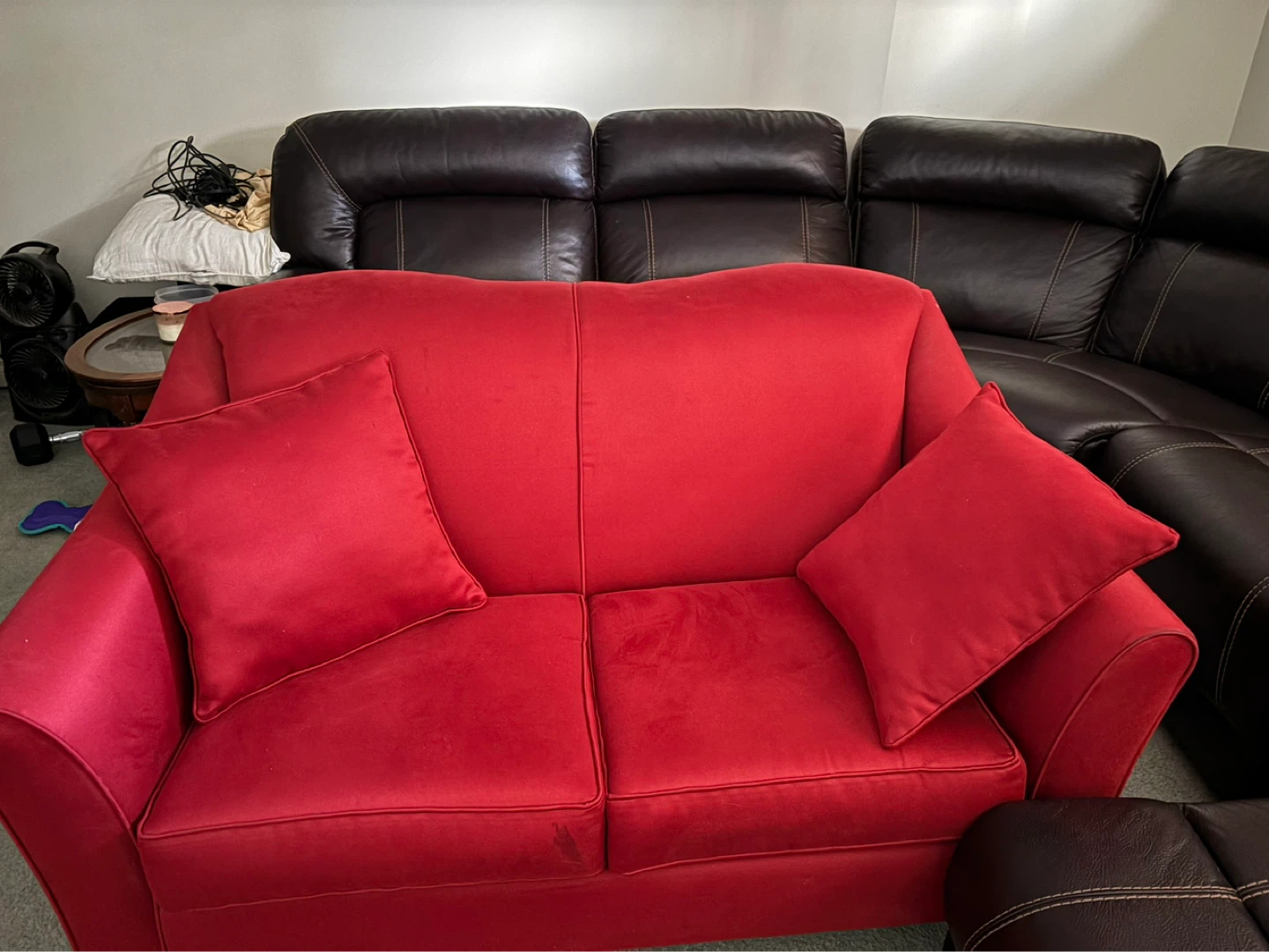 Red Loveseat Sofa with Two Throw Pillows
