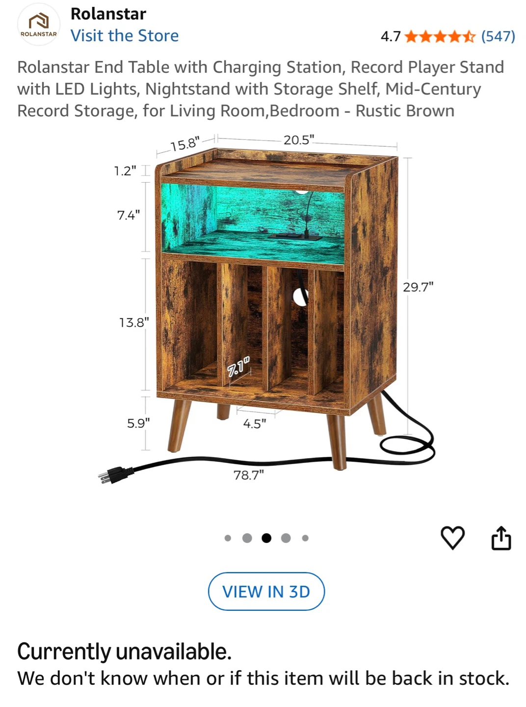 Record Player Stand/End Table with LED Lights and Charging Ports - photo 5