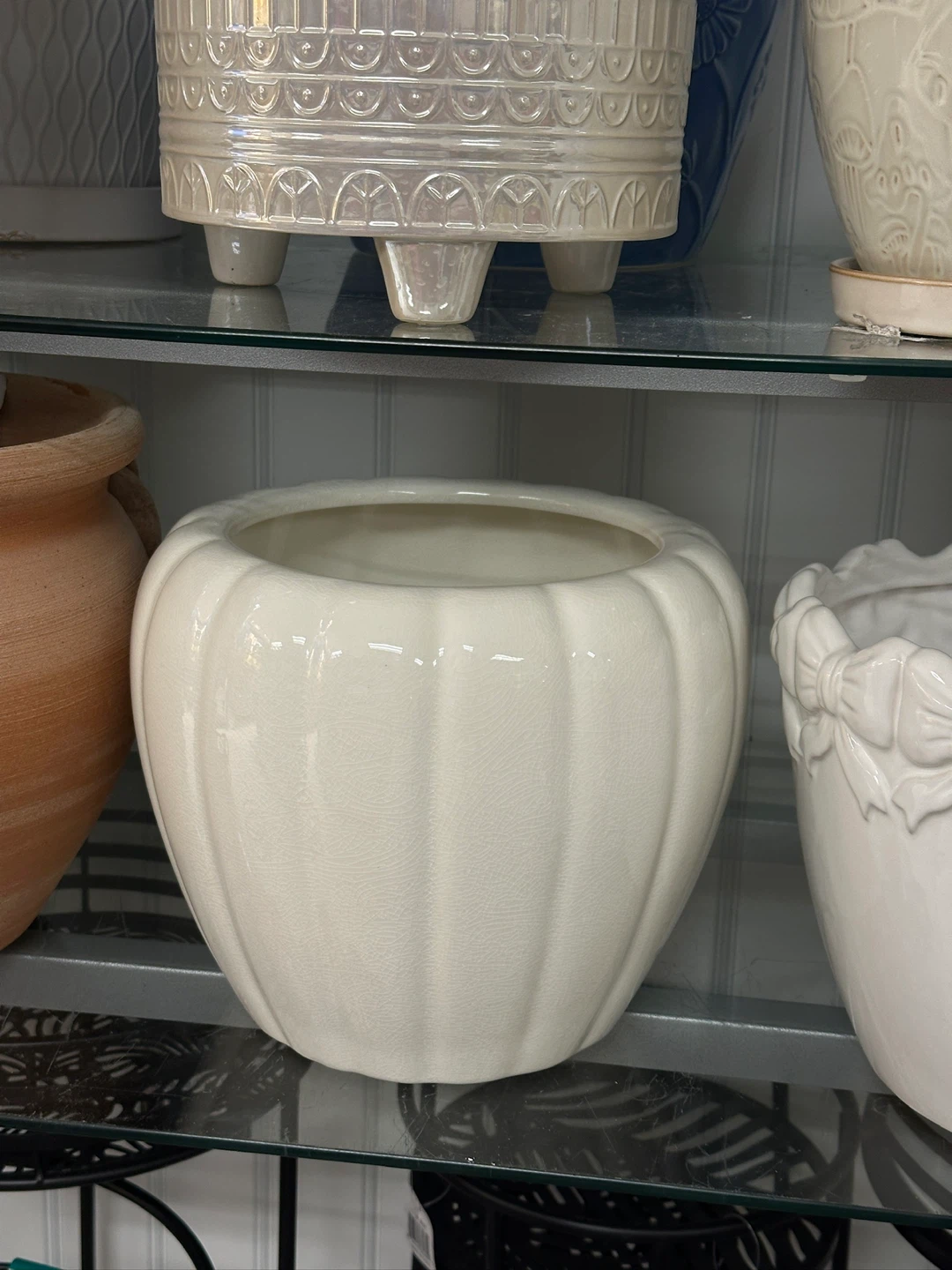 White Ceramic Ribbed Vase or Planter Pot