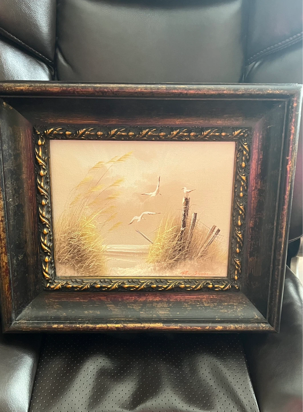 Vintage Framed Seascape Painting with Seagulls and Beach Grass