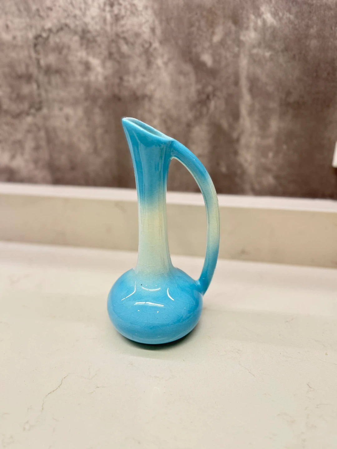 Vintage Turquoise Blue + Cream Ceramic Bud Vase 8”H