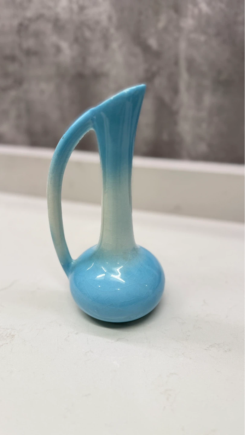 Vintage Turquoise Blue + Cream Ceramic Bud Vase 8”H - photo 2