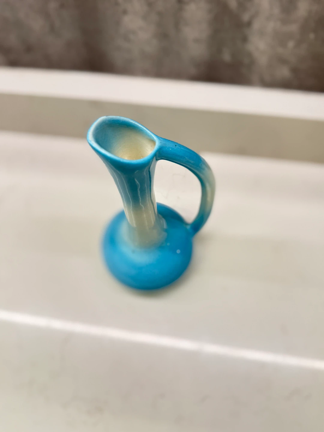 Vintage Turquoise Blue + Cream Ceramic Bud Vase 8”H - photo 4
