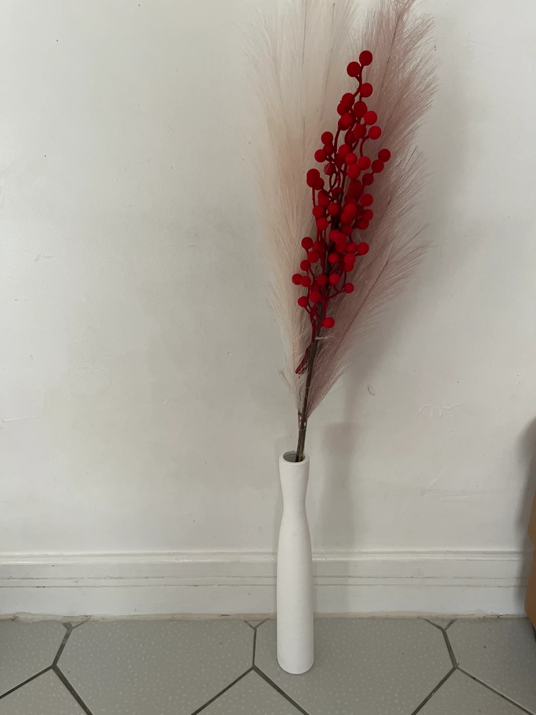 White Ceramic Vase with Faux Berry & Pampas Stem