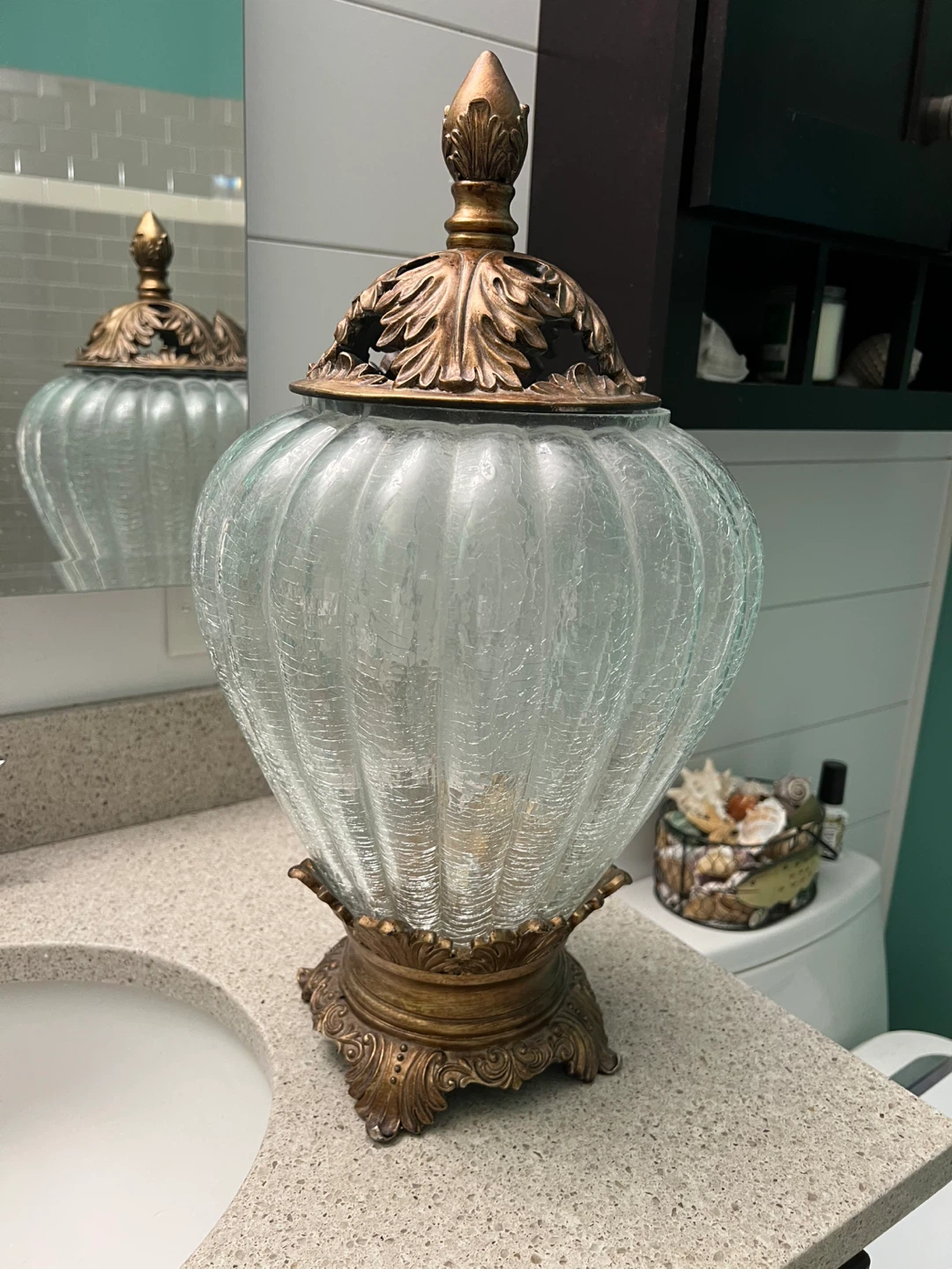 Decorative Glass Urn with Ornate Metal Accents